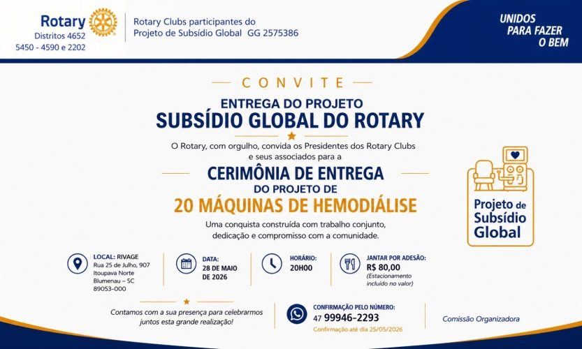 Rotarianos de Timbó garantem R$ 1,2 milhão em equipamentos para tratamento renal na região