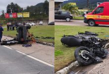 Motociclista é lançado para dentro de Fiat Uno após forte colisão na BR-470, em Rio do Sul