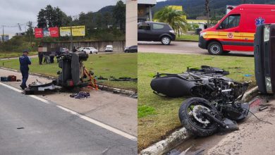 Motociclista é lançado para dentro de Fiat Uno após forte colisão na BR-470, em Rio do Sul