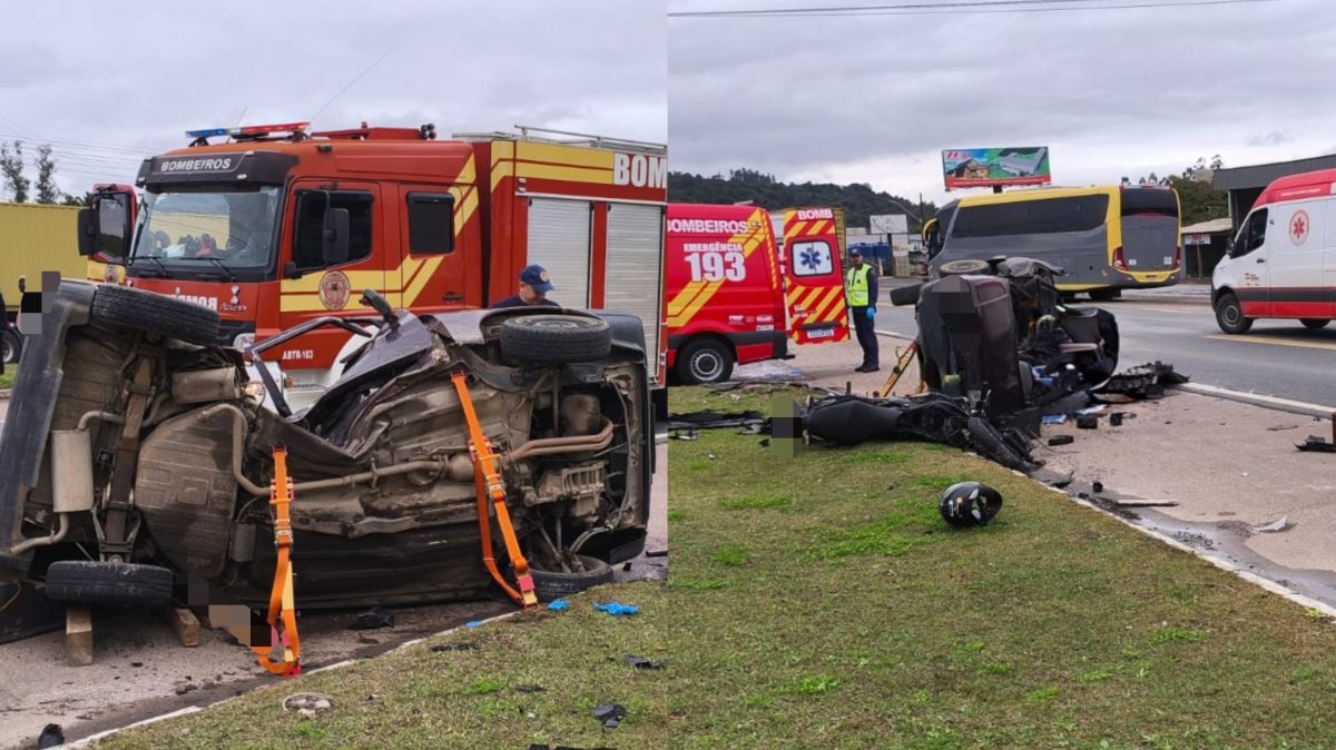 Motociclista é lançado para dentro de Fiat Uno após forte colisão na BR-470, em Rio do Sul