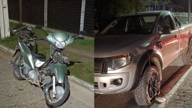 Homem fica ferido e é encaminhado ao hospital após colisão entre caminhonete e motocicleta em Rodeio
