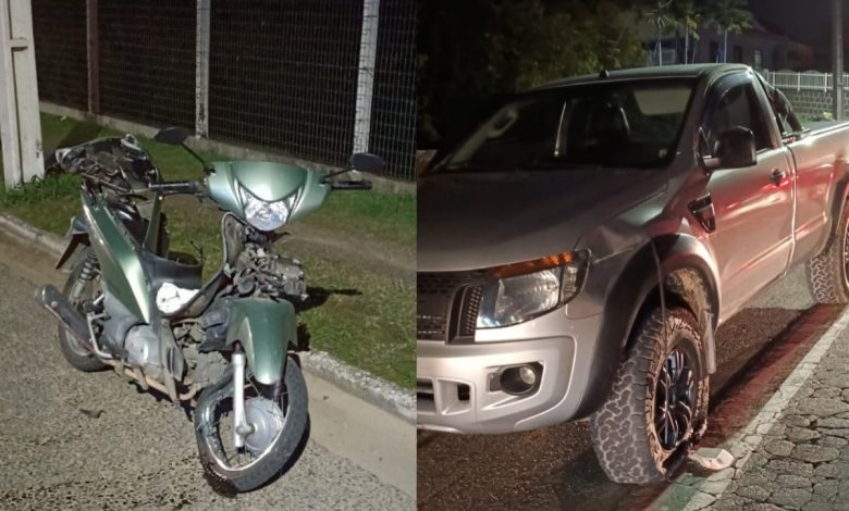 Homem fica ferido e é encaminhado ao hospital após colisão entre caminhonete e motocicleta em Rodeio