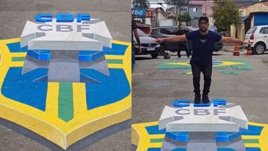 Arte que engana os olhos: símbolo da Seleção Brasileira ganha vida em ilusão 3D nas ruas