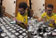 Coleção pelos ares: esposa prega peça em marido e faz figurinhas da Copa voarem pela casa