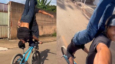 Entre equilíbrio e técnica, dupla impressiona com manobra radical sobre bicicleta