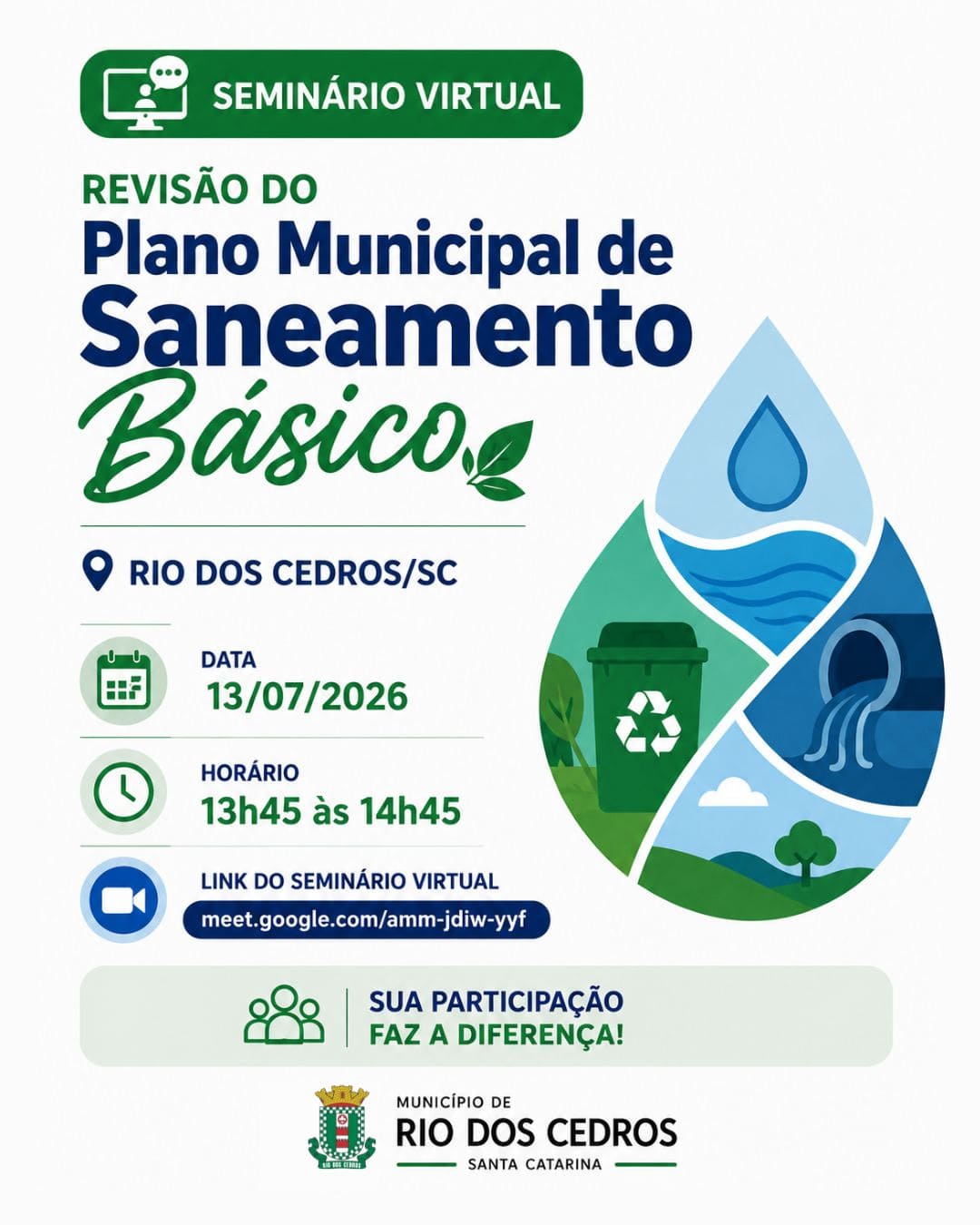 Rio dos Cedros abre consulta pública para revisão do Plano Municipal de Saneamento Básico