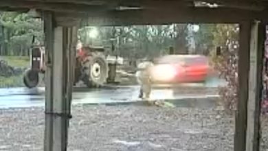 Por um fio: carro capota após bater em trator e quase atinge trabalhador que estava na pista em SC