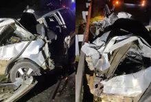 Motorista fica gravemente ferido após carro ser destruído em colisão frontal com ônibus na BR-470, em Indaial