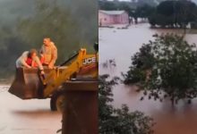 Família é resgatada de trator após ficar ilhada em enchente no Rio Grande do Sul