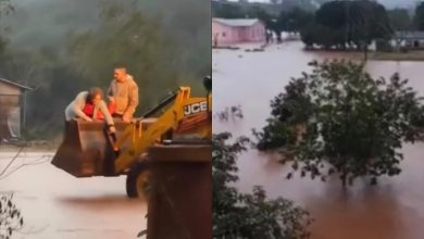 Família é resgatada de trator após ficar ilhada em enchente no Rio Grande do Sul