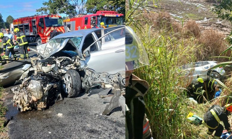Colisão frontal na BR-470 deixa quatro feridos; motorista fica preso às ferragens em estado grave, em Rodeio