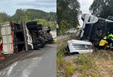 Carreta tomba na SC-425 e deixa motorista preso às ferragens em Pouso Redondo
