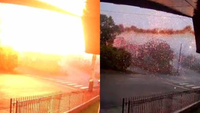 Raio atinge rede elétrica e provoca clarão e forte estouro durante temporal em cidade de SC
