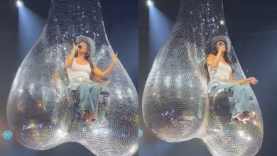 Estrela do country viraliza ao surgir pendurada em gigantesco “saco de brilho” durante show