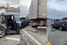 Idosa fica presa às ferragens após engavetamento envolvendo três veículos na BR-470, em Indaial