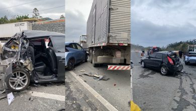 Idosa fica presa às ferragens após engavetamento envolvendo três veículos na BR-470, em Indaial