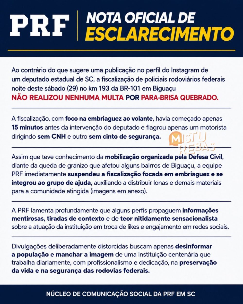 “Fizemos o que vocês não fizeram”: deputado rebate PRF após blitz em meio ao caos em Biguaçu