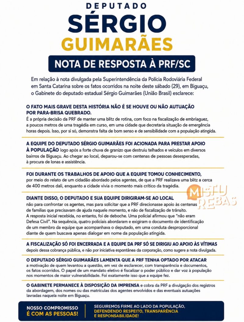 “Fizemos o que vocês não fizeram”: deputado rebate PRF após blitz em meio ao caos em Biguaçu