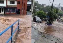 Rio sobe rapidamente, transborda e assusta moradores durante forte temporal em cidade de SC