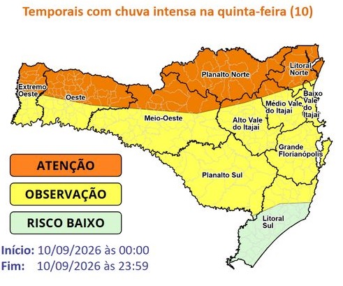 Ciclone extratropical pode trazer temporais, granizo e vendavais para Timbó