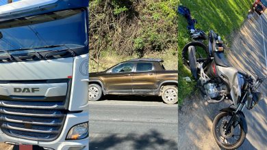 Colisão entre carreta, moto e caminhonete deixa motociclista ferido na BR-470 em Apiúna
