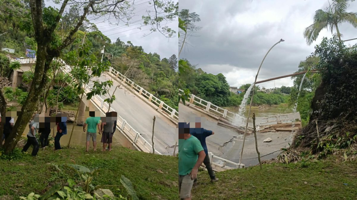 Ponte desaba em SC e carro com duas pessoas cai junto com a estrutura