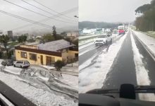 Parecia neve: granizo cobre ruas e rodovias e deixa cidade de SC branca após temporal
