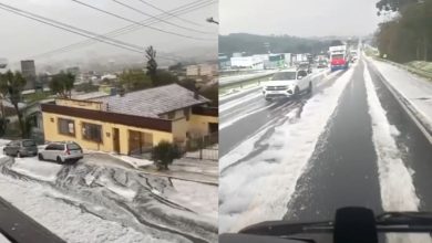 Parecia neve: granizo cobre ruas e rodovias e deixa cidade de SC branca após temporal