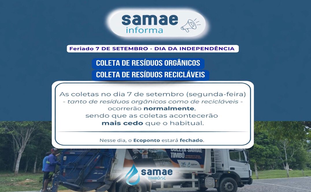 SAMAE de Timbó terá atendimento alterado no feriado de 7 de setembro