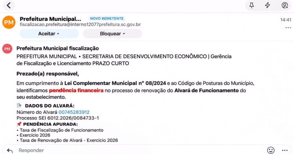 Timbó alerta para golpe com cobrança falsa de alvará
