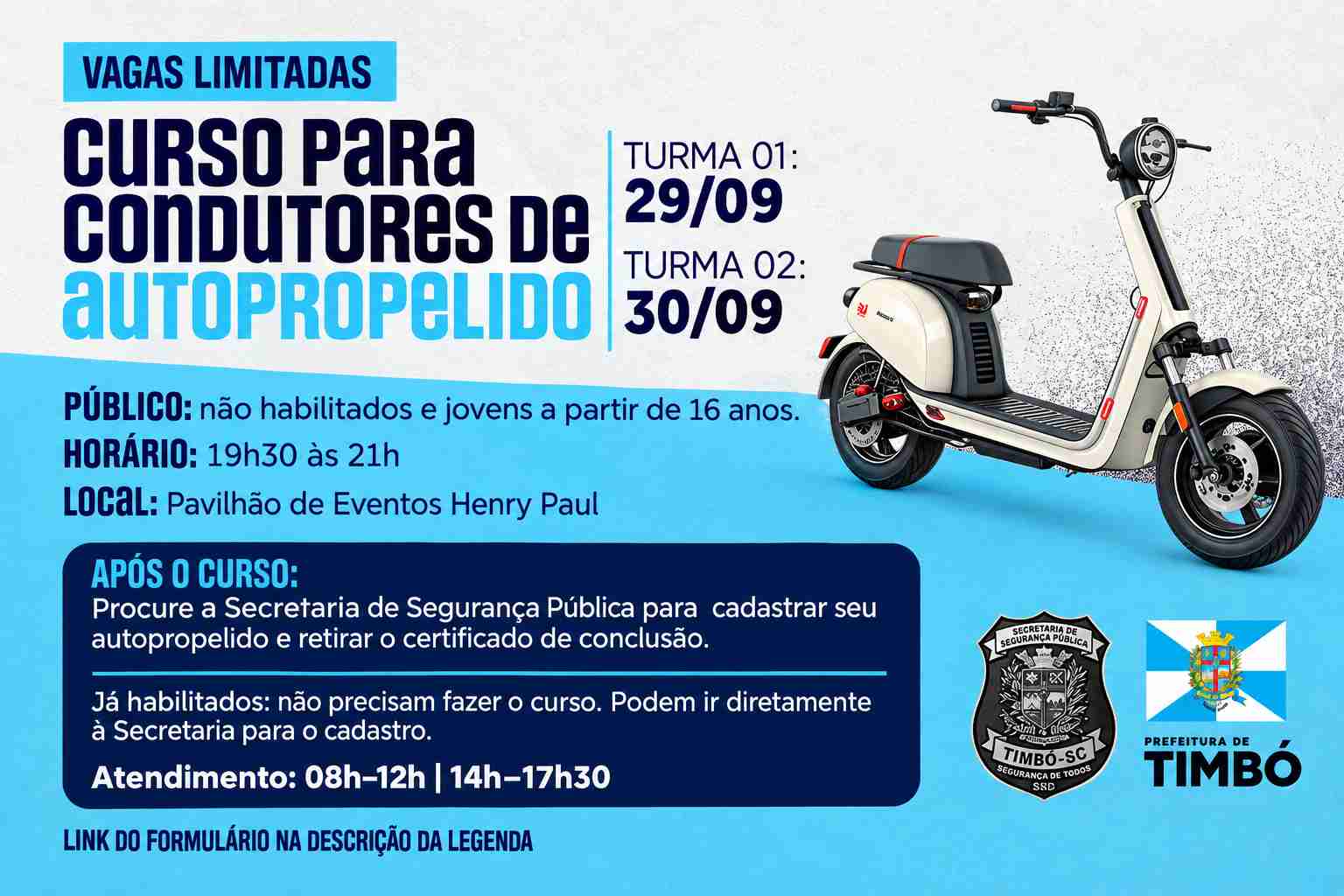 Segurança Pública de Timbó abre 400 vagas para curso gratuito de condutores de autopropelidos