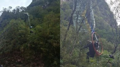 Piloto de paramotor tenta passar por fenda e acaba preso em árvore em SC