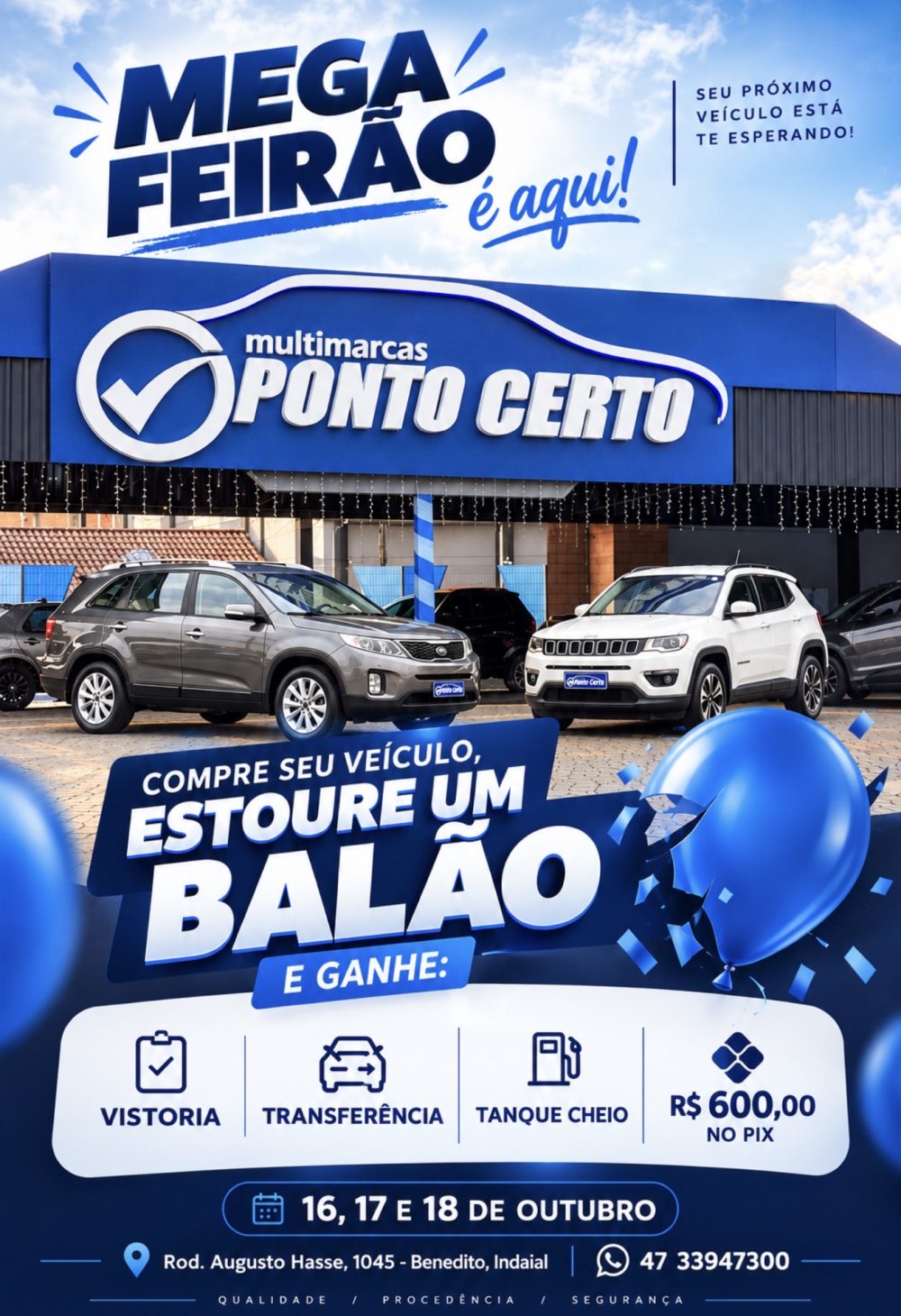 Mega Feirão Ponto Certo Multimarcas terá prêmios e condições especiais em Indaial