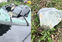 Mulher fica inconsciente após pedra de 50 kg cair de caminhão e destruir teto de carro em SC