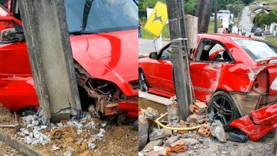 Carro bate contra poste na SC-110 e passageiro fica encarcerado em Rodeio