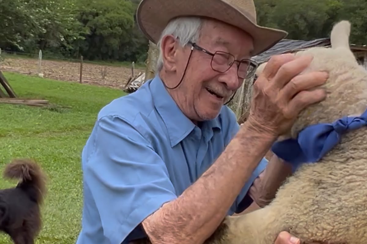 Aos 93 anos, idoso ganha casal de carneiros e se emociona com presente