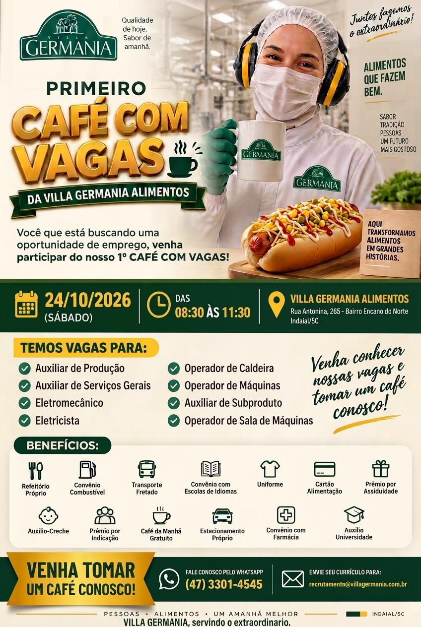 Villa Germania promove 1º Café com Vagas em Indaial neste sábado