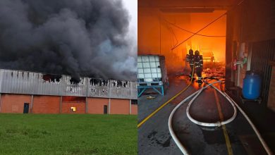 Incêndio de grandes proporções atinge galpão da Cremer em Blumenau e mobiliza nove viaturas